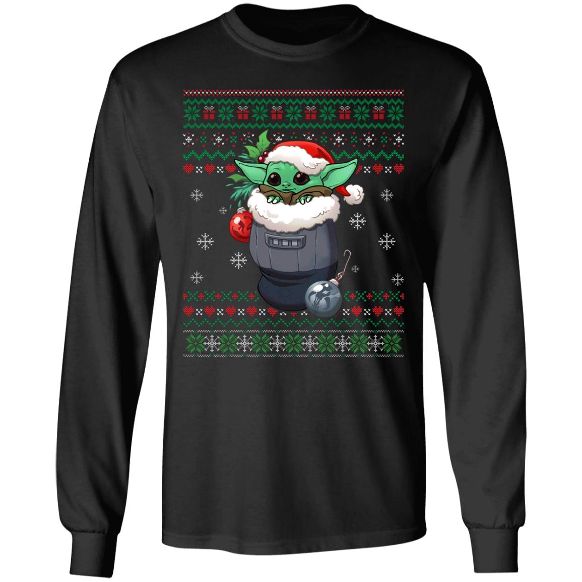Baby Yoda The Child Santa Hat Cute Ugly Christmas Hoodie - Sweatshirt - Long Sleeve Shirt, Black, Long Sleeve