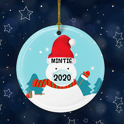 Personalized Snowman Wearing Mask Funny Quarantine Pandemic Christmas 2020 Holiday Circle Ornament