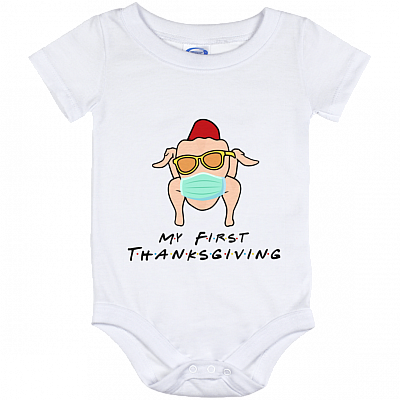 Friends My First Thanksgiving Baby Onesie - Baby Toddlers Bodysuit - Friends Turkey Baby Onesie, White, Baby Onesie - 12 Month