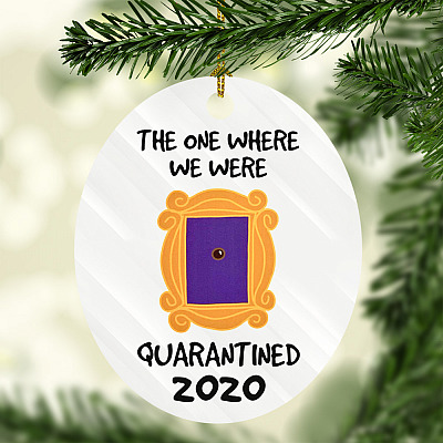 Friends TV Show The One Where We Were Quarantined Purple Peephole Frame Christmas 2020 Oval Ornament