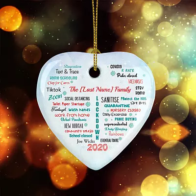 Personalized Family Name Pandemic Quarantine 2020 Christmas Flat Holiday Heart Ornament Keepsake