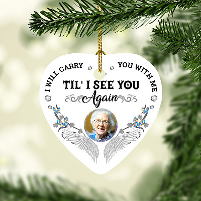 I Will Carry You With Me Personalized Photo Memorial Ornament - Angel Wings Custom Photo Christmas Ornament