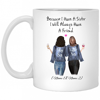 Personalized Because I Have A Sister Ceramic Coffee Mug - Beer Stein - Water Bottle - Color Changing Mug, White, 11 oz. White Mug