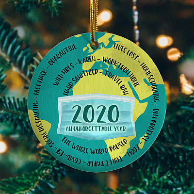 Earth Wearing Mask 2020 Decorative Christmas Ornament - Holiday Flat Circle Ornament - Global Pandemic Ornament