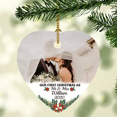 Alternative view of Personalized Custom Photo Our First Christmas As Mr And Mrs 2020 1st Christmas Together Heart Ornament