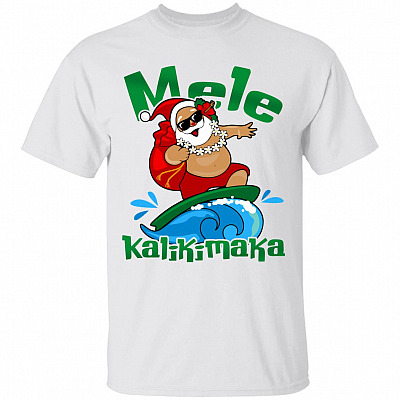 Mele Kalikimaka Hawaii Santa T-Shirt - Funny Surfing Hawaiian Christmas Santa Shirt, White, Unisex T-Shirt