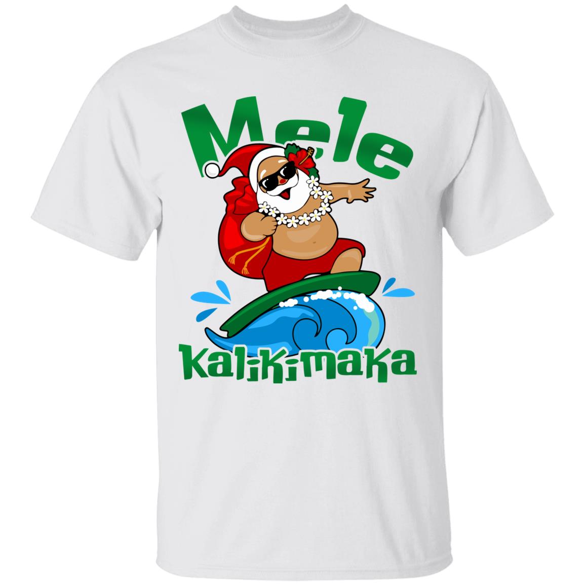 Mele Kalikimaka Hawaii Santa T-Shirt - Funny Surfing Hawaiian Christmas Santa Shirt, White, Unisex T-Shirt