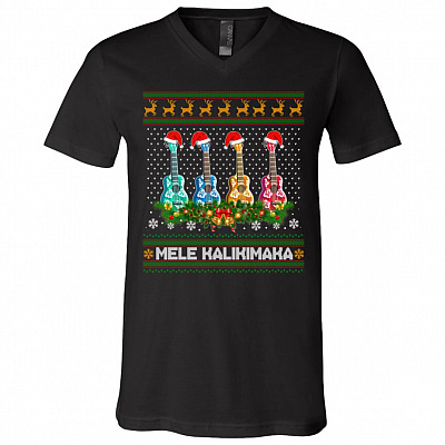 Mele Kalikimaka Ukulele TShirt, Black, V-Neck T-Shirt