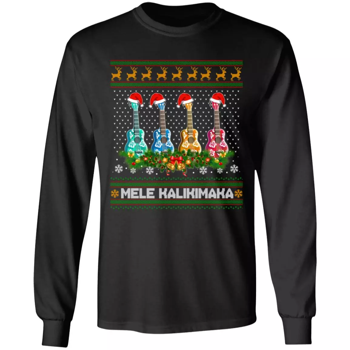 Mele Kalikimaka Ukulele Hoodie, Black, Long Sleeve