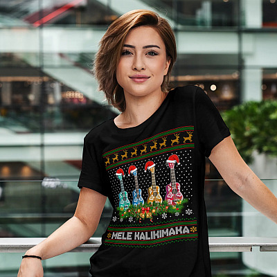 Alternative view of Mele Kalikimaka Ukulele Christmas Guitar Hawaiian Christmas Song Ugly Christmas Sweater T-shirt - V-neck