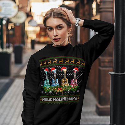 Alternative view of Mele Kalikimaka Ukulele Christmas Guitar Hawaiian Christmas Song Ugly Christmas Sweater Hoodie - Sweatshirt