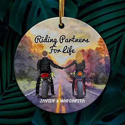 Alternative view of Personalized Riding Partners For Life Motorcycle Husband and Wife Circle Ornament