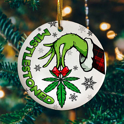 Funny Mistlestoned 2020 Decorative Christmas Ornament - Funny Marijuana Leaf Holiday Flat Circle Ornament