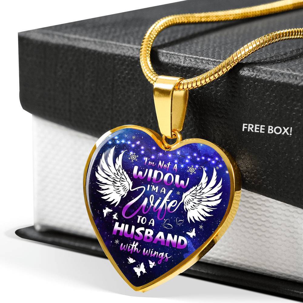 I'm Not A Widow I'm A Wife To A Husband With Wings Heart Pendant Necklace - Memorial Gifts For Loss of Husband Necklace - Heart Luxury Necklace (Gold Plated)