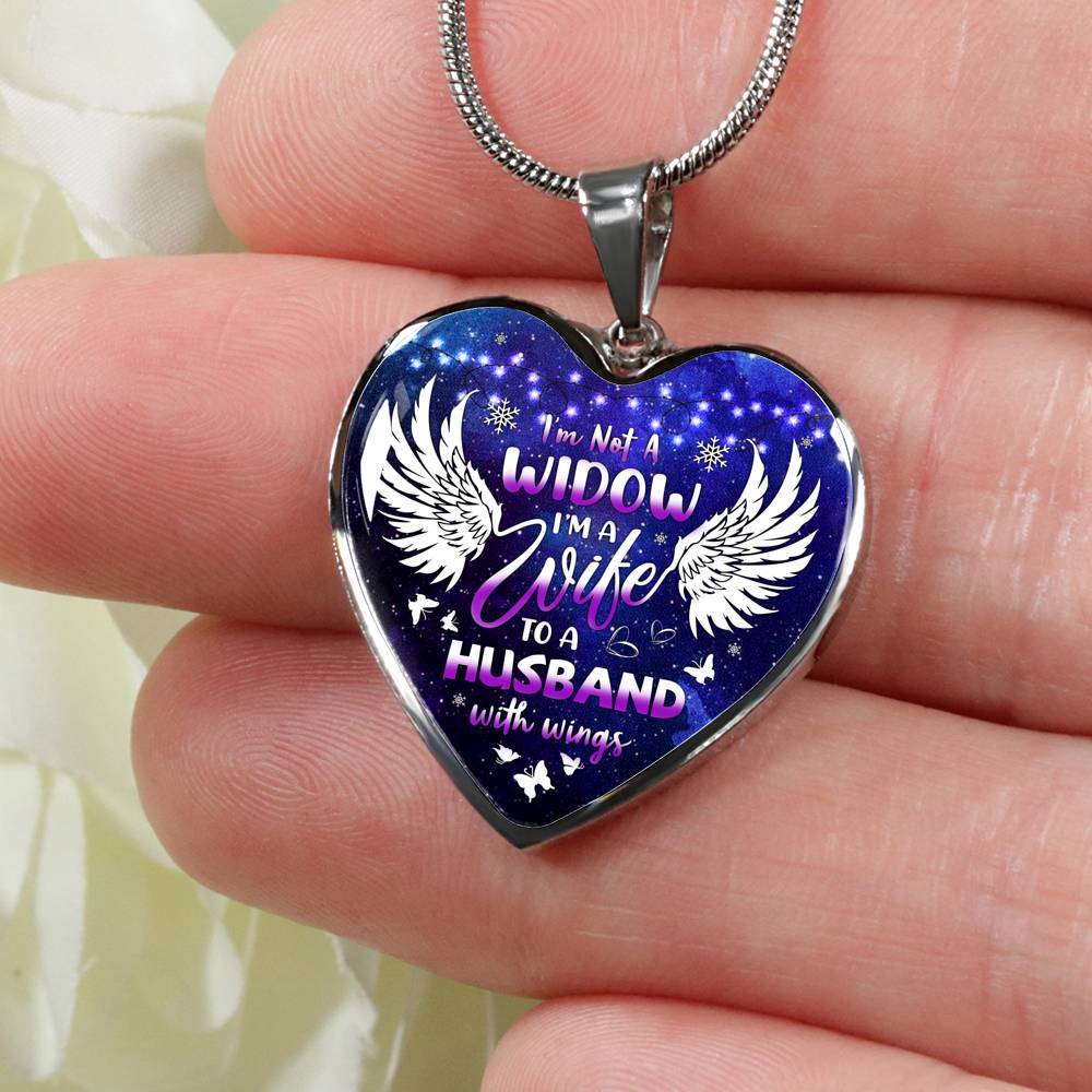 I'm Not A Widow I'm A Wife To A Husband With Wings Heart Pendant Necklace - Memorial Gifts For Loss of Husband Necklace - Heart Luxury Necklace (Silver)
