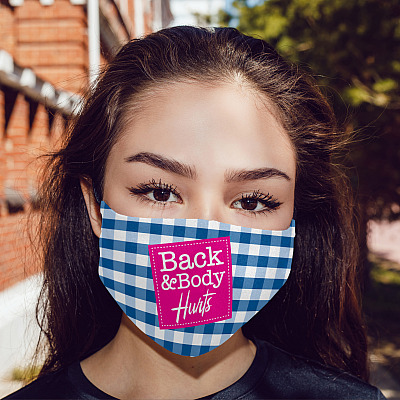 Alternative view of Back and Body Hurts Bath and Body Works Pink Logo Funny Slogan Washable Face Mask