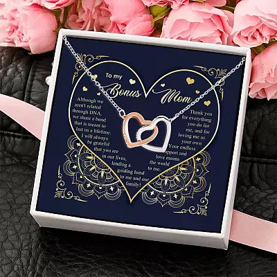 To My Bonus Mom Although We Aren't Related Through D N A - Bonus Mom Gifts - Joined Interlocking Hearts Necklace