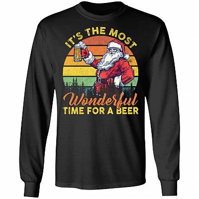 Vintage Retro Santa Claus It's The Most Wonderful Time For A Beer Funny Drinking Team Christmas Hoodie - Sweatshirt, Black, Long Sleeve