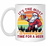 Vintage Retro Santa Claus It's The Most Wonderful Time For A Beer Funny Drinking Team Christmas Ceramic Mug, White, 11 oz. White Mug