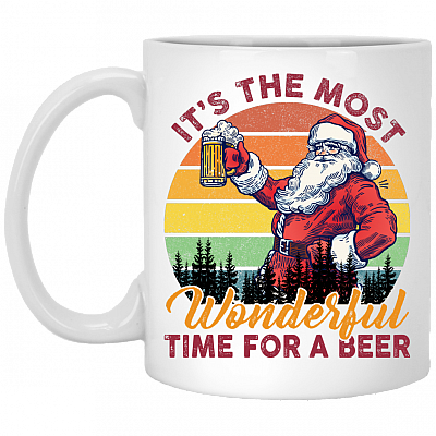 Vintage Retro Santa Claus It's The Most Wonderful Time For A Beer Funny Drinking Team Christmas Ceramic Mug, White, 11 oz. White Mug