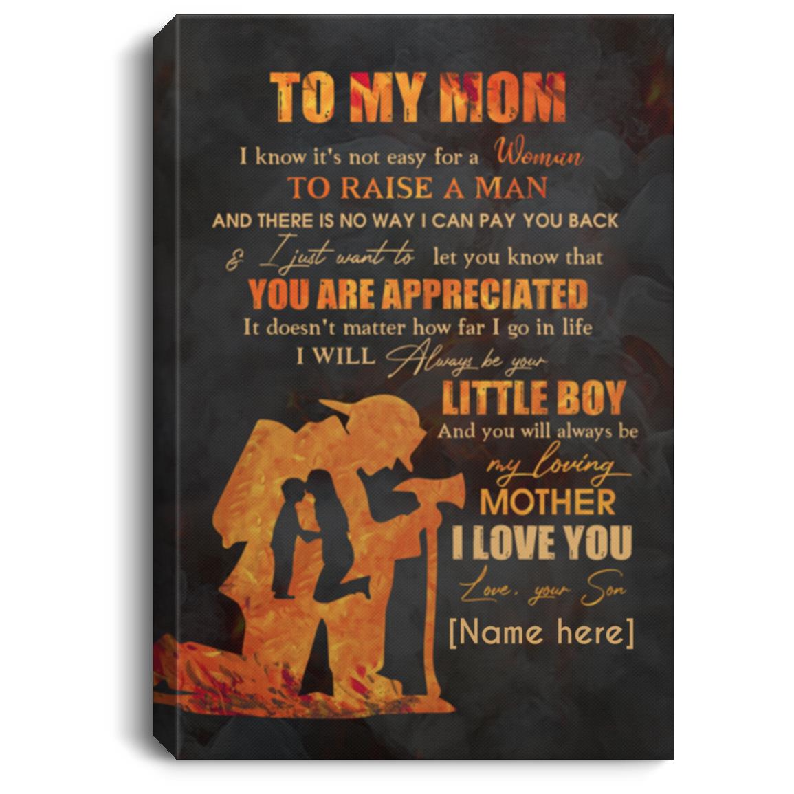 Personalized Firefighter Son to My Mom Poster, White, 0.75'' Framed Canvas