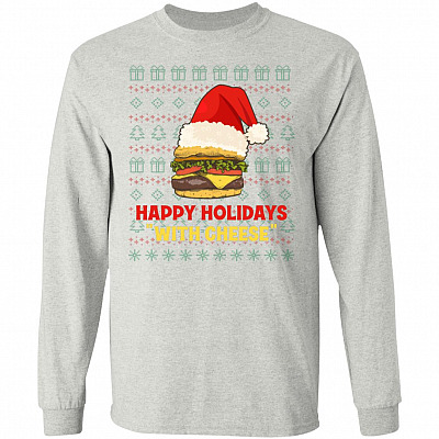 Happy Holidays With Cheese Burger Hoodie, Ash, Long Sleeve