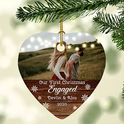 Personalized Photo First Christmas Engaged Christmas Decorative Holiday Flat Heart Ornament - Holiday Gift