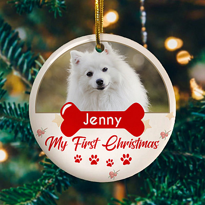 Personalized Photo My First Christmas Dog Decorative Flat Circle Ornament Keepsake - Holiday Decoration Gift