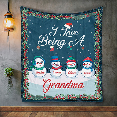 Alternative view of Personalized I Love Being Grandma Snowman Christmas Gift from Grandkids Fleece Blanket -Mink Sherpa Blanket