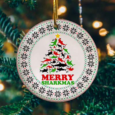 Merry Sharkmas Xmas Tree Christmas Ornament - Funny Santa Sharks Christmas Lover Gift Xmas Keepsake Ornament
