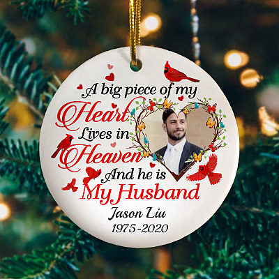 Alternative view of Personalized Custom Photo Red Cardinal Husband Memorial A Big Of My Heart Lives In Heaven Circle Ornament