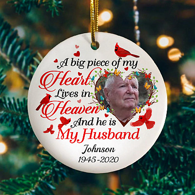Personalized Custom Photo Red Cardinal Husband Memorial A Big Of My Heart Lives In Heaven Circle Ornament