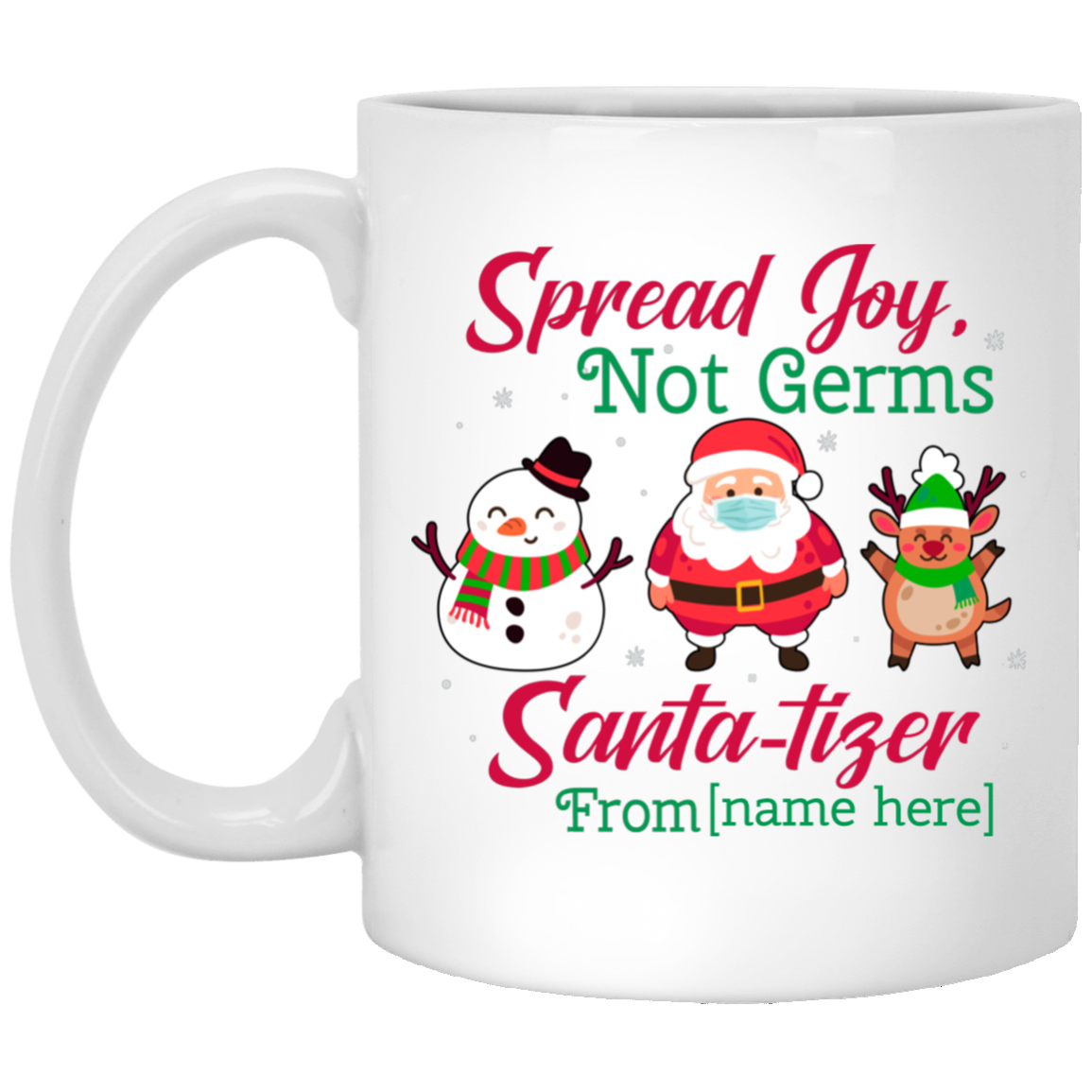 Personalized Santatizer Spread Joy Not Germs Christmas Ceramic Coffee Mug - Beer Stein - Water Bottle, White, 11 oz. White Mug
