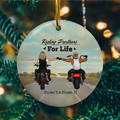 Alternative view of Personalized Riding Partners for Life Motorcycle Couple Christmas Ornament - Holiday Flat Circle Ornament