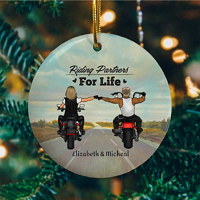 Personalized Riding Partners for Life Motorcycle Couple Christmas Ornament - Holiday Flat Circle Ornament