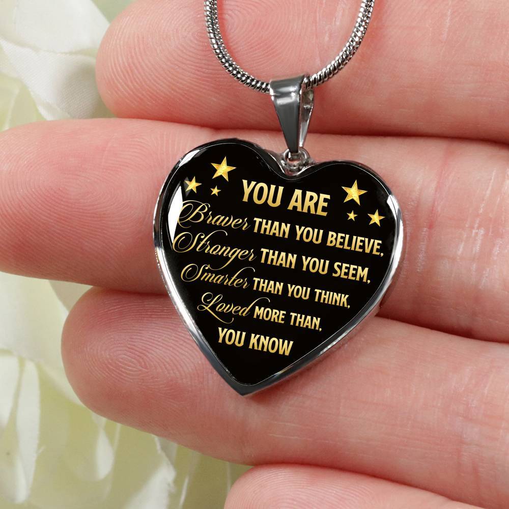 You Are Braver Than You Believe Heart Pendant Necklace - Motivational And Inspirational Quotes Gift - Heart Luxury Necklace (Silver)