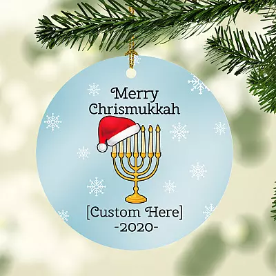Alternative view of Personalized Merry Chrismukkah Circle Christmas Ornament Keepsake - Hanukkah Menorah Holiday Flat Ornament