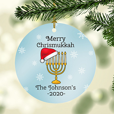 Personalized Merry Chrismukkah Circle Christmas Ornament Keepsake - Hanukkah Menorah Holiday Flat Ornament