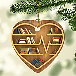 Bookshelf Heart Christmas Ornament Keepsake - Bookworm Holiday Flat Ornament - Book Lover Christmas Gifts
