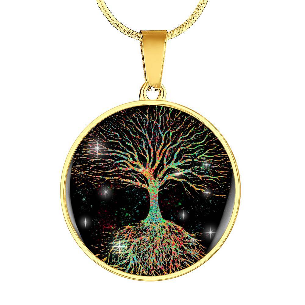 Colorful Tree Of Life Circle Pendant Necklace - Circle Luxury Necklace (Gold Plated)