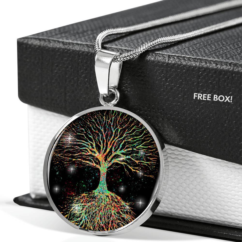 Colorful Tree Of Life Circle Pendant Necklace - Circle Luxury Necklace (Silver)