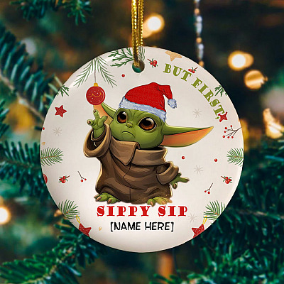 Alternative view of Personalized Baby Yoda But First Sippy Sip Christmas Flat Holiday Circle Ornament Keepsake