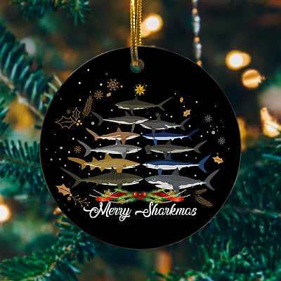 Merry Sharkmas Funny Shark Christmas Tree Ornament Keepsake - Holiday Flat Circle Ornament