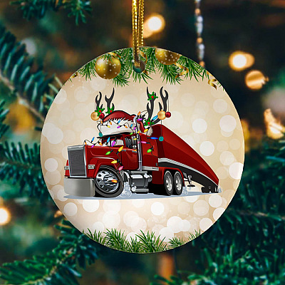 Trucker Christmas Light Decorative Christmas Ornament - Holiday Flat Circle Ornament - Holiday Decoration Gift