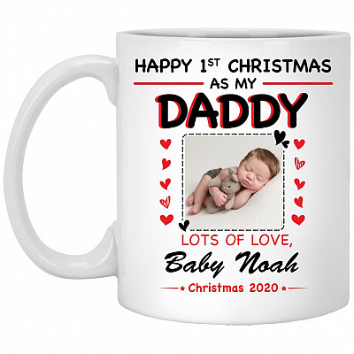 Personalized Photo Happy First Christmas As Daddy, White, 11 oz. White Mug