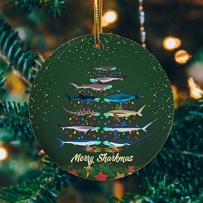 Merry Sharkmas Funny Mask Shark Christmas Tree Ornament Keepsake - Holiday Flat Circle Ornament