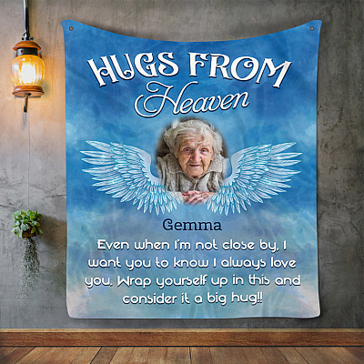 Alternative view of Custom Photo Hugs from Heaven Memorial Gift Fleece Blanket - Premium Sherpa Blanket - Woven Blanket