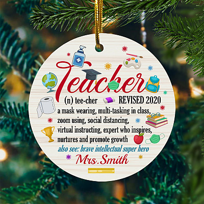 Personalized Virtual Quarantine Teacher in 2020 Pandemic Online Class Christmas Flat Holiday Circle Ornament Keepsake