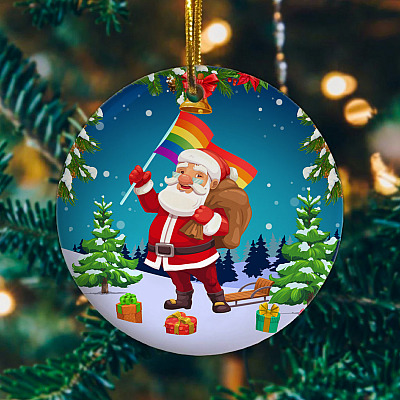 Gay Santa Lgbt Flag Decorative Christmas Ornament Keepsake - Holiday Flat Circle Ornament
