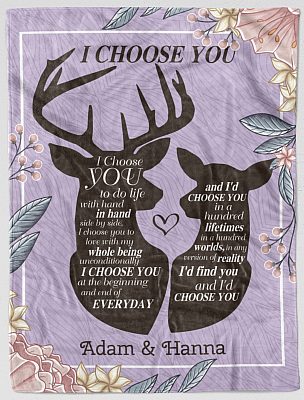 Alternative view of Personalized Deer Couple I Choose You To Do Life With Hand In Hand Fleece Blanket - Mink Sherpa Blanket